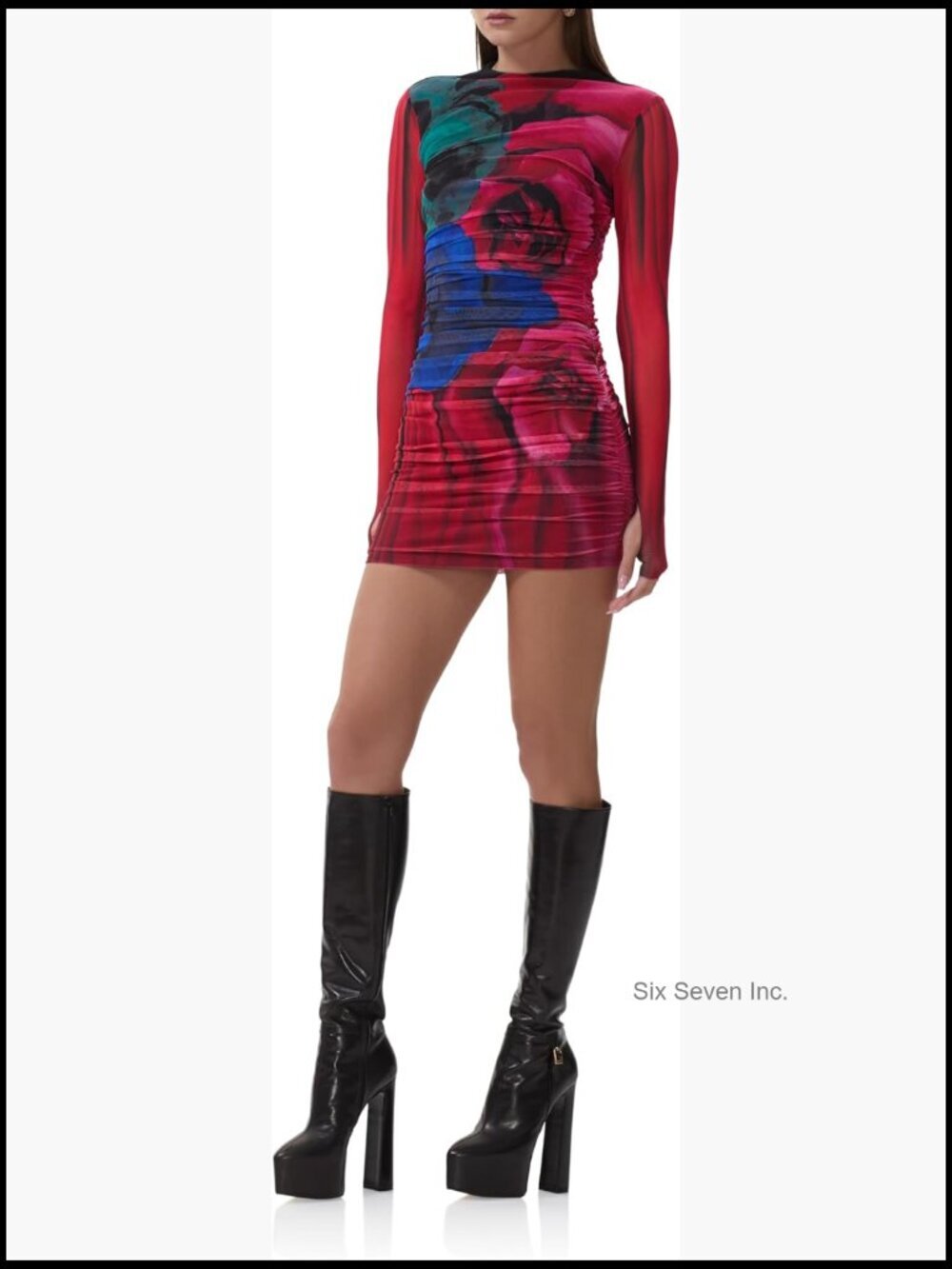 Mock Neck Long Sleeve Mesh Bodycon Mini Dress, Sheer, Ruched